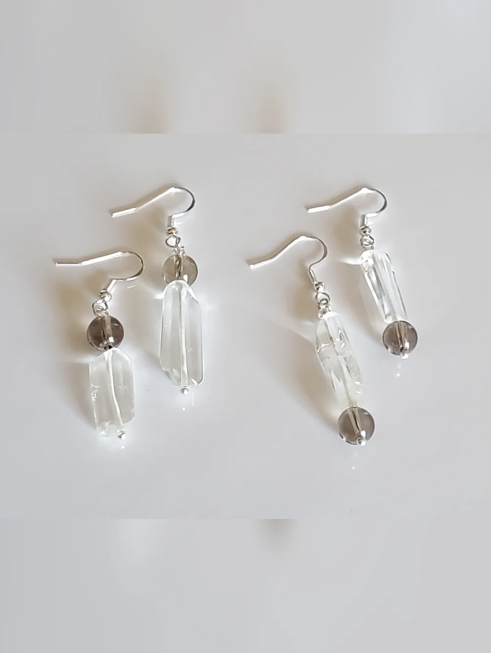 2 Pairs Sterling Silver 925 Clear Crystal & Smoky Quarts Gemstones Drop Earrings - Picture 1 of 8